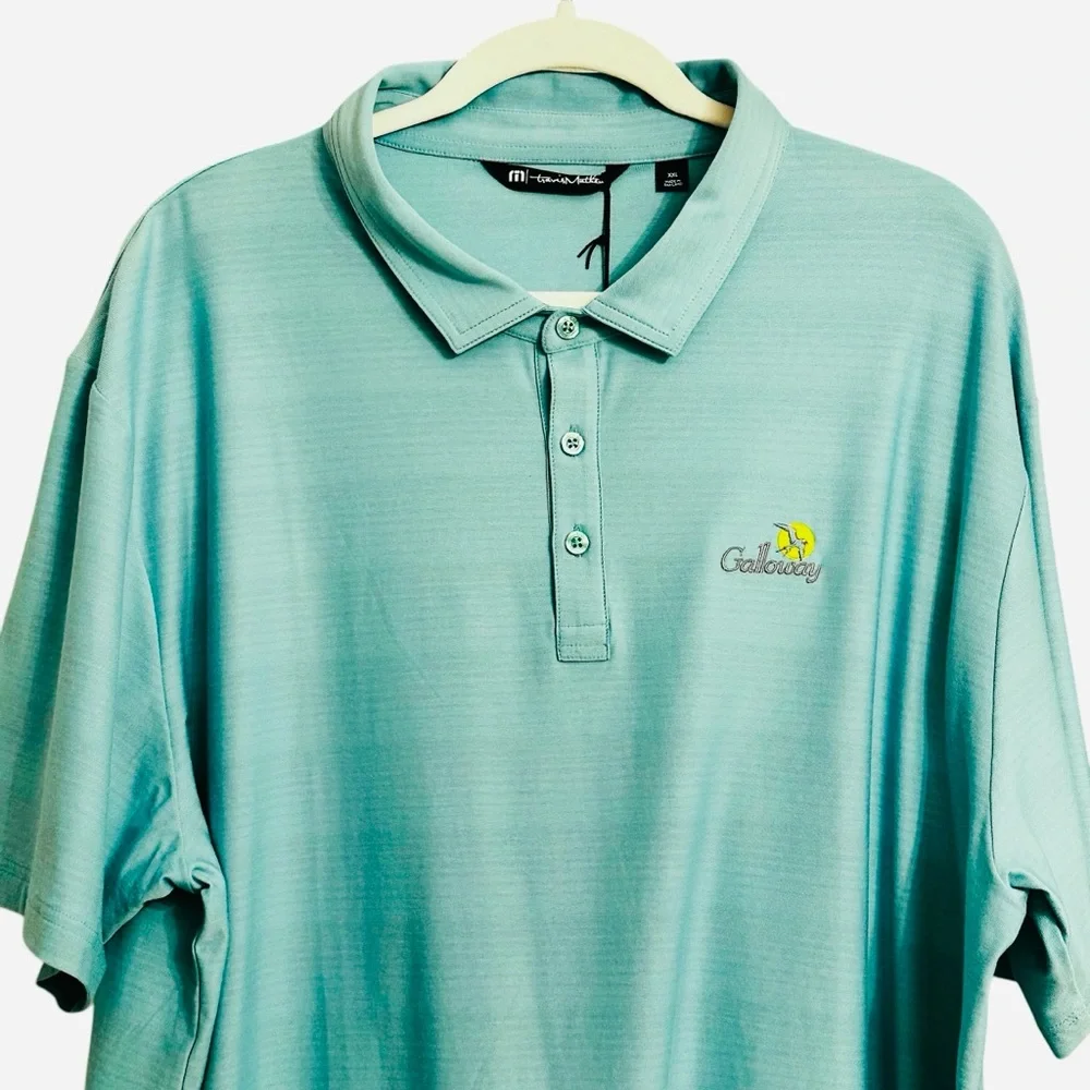 Travis Mathew NWT Galloway National GC Polo Logo Teal Green Gray Stripe XXL